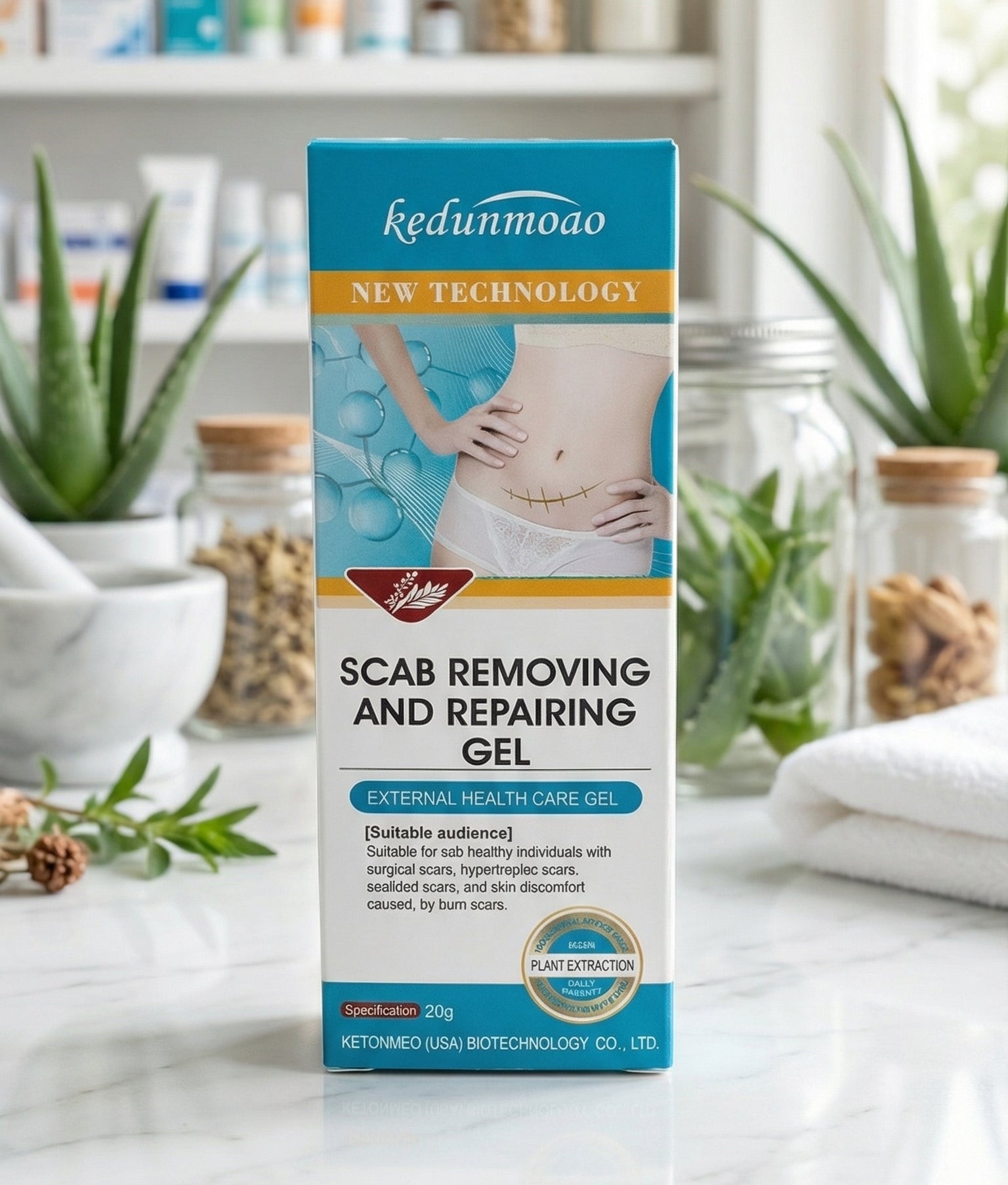 Scab removing and repairing gel packaging on a shelf with medical supplies in the background