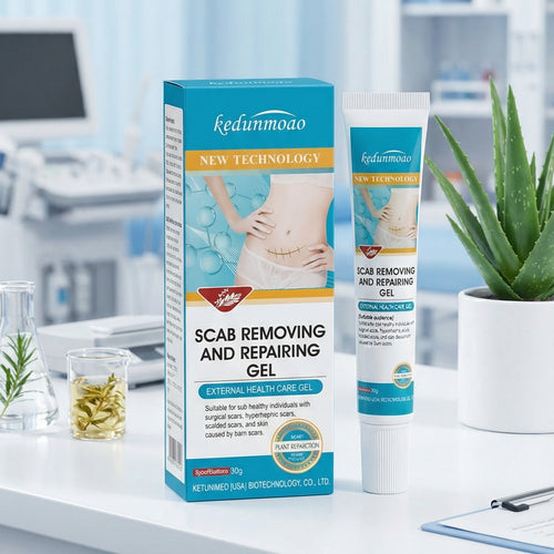 Scab removing and repairing gel packaging on a desk with medical office background