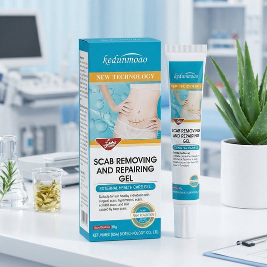 Scab removing and repairing gel packaging on a desk with medical office background