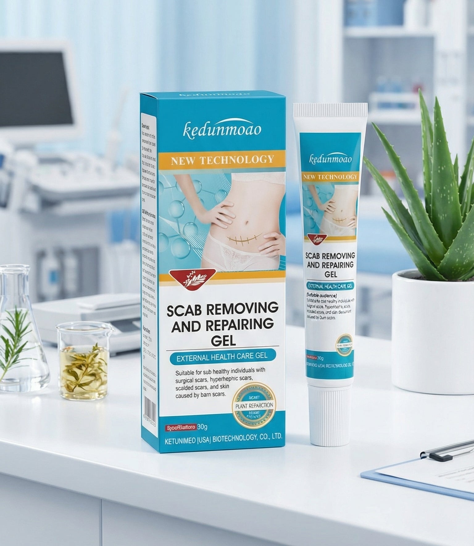 Scab removing and repairing gel packaging on a desk with medical office background